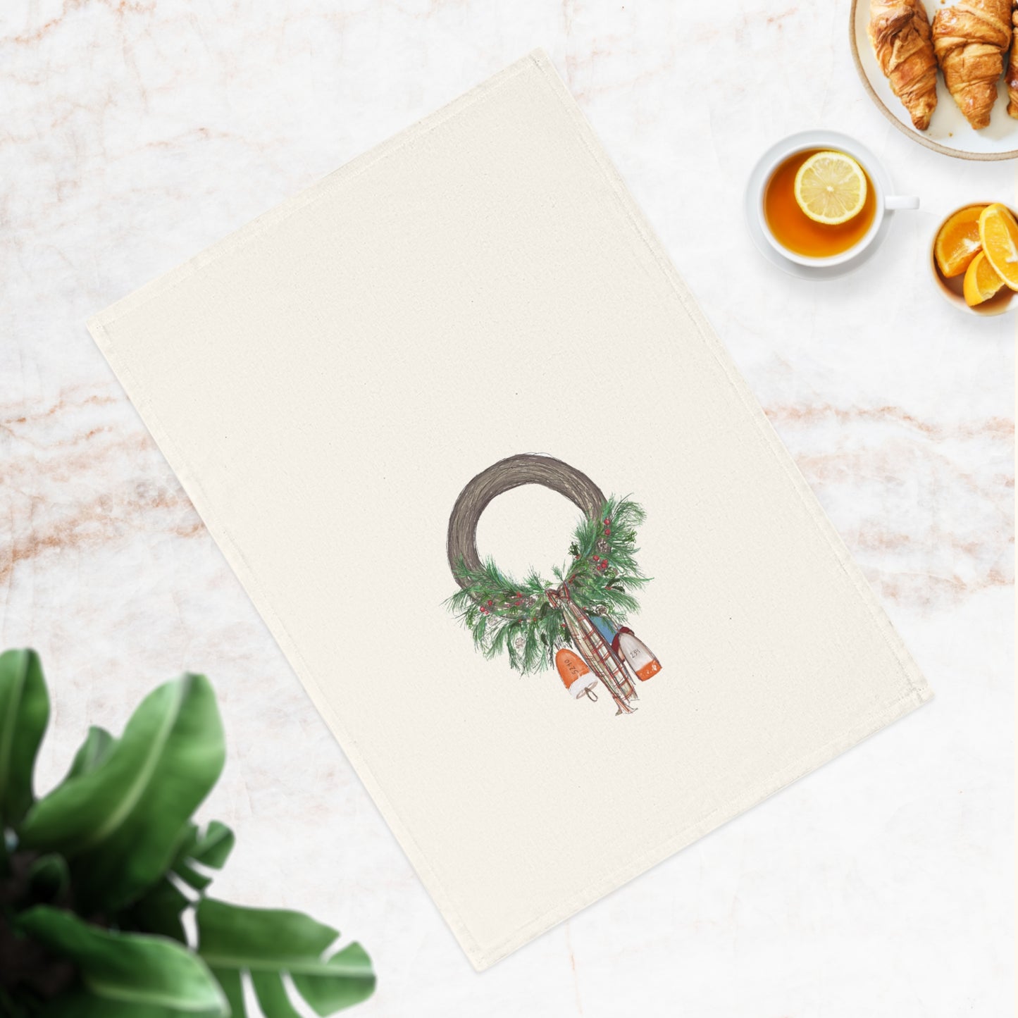 Christmas Buoy Wreath Coastal Cotton Tea Towel