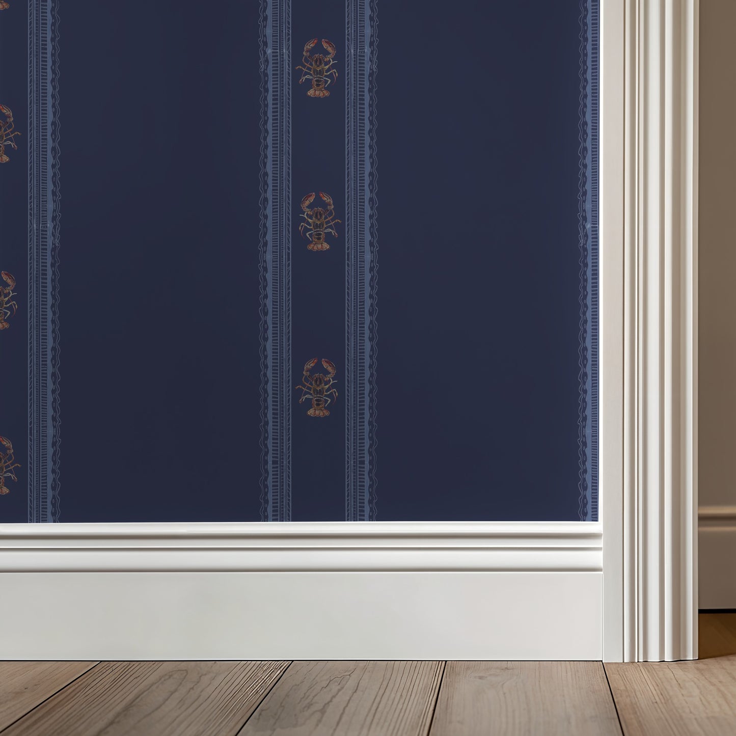 Saugatuck Harbor Lobster Stripe – Coastal Lobster Wallpaper | Melissa Dayton Art Navy and White