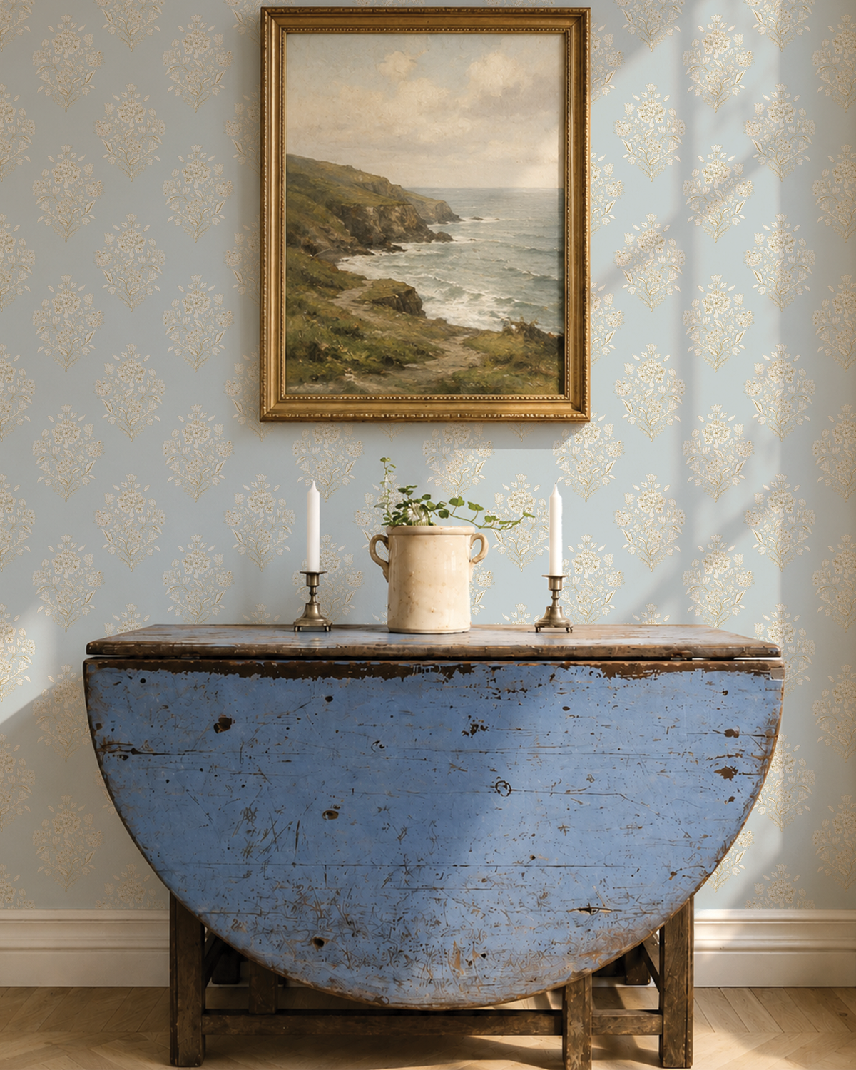 Westport Damask Wallpaper- Harbor Mist Light Blue. Customer Favorite