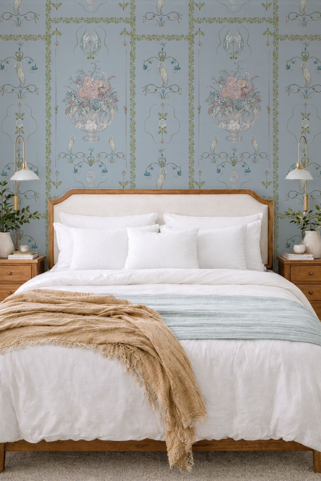 Bedroom with floral wallpaper, wooden bed, and white bedding.