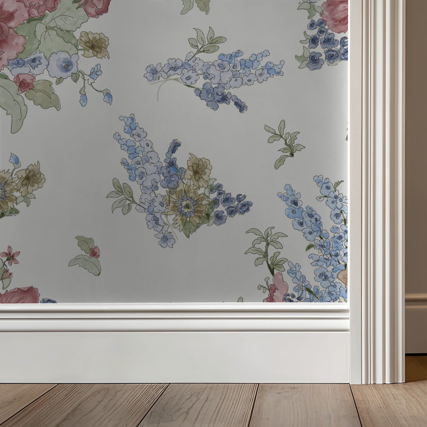 Floral wallpaper with blue and pink flowers on a white background