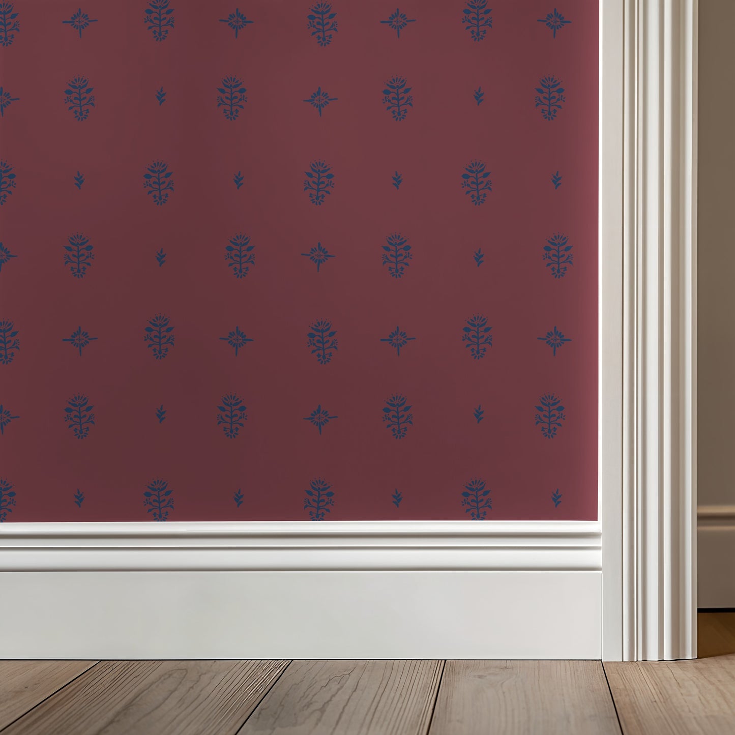 Wallpaper with blue geometric pattern on a red background