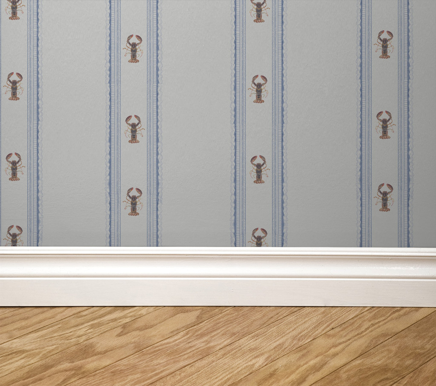 Wallpaper with lobster pattern on a light gray background, transitioning to wooden flooring.