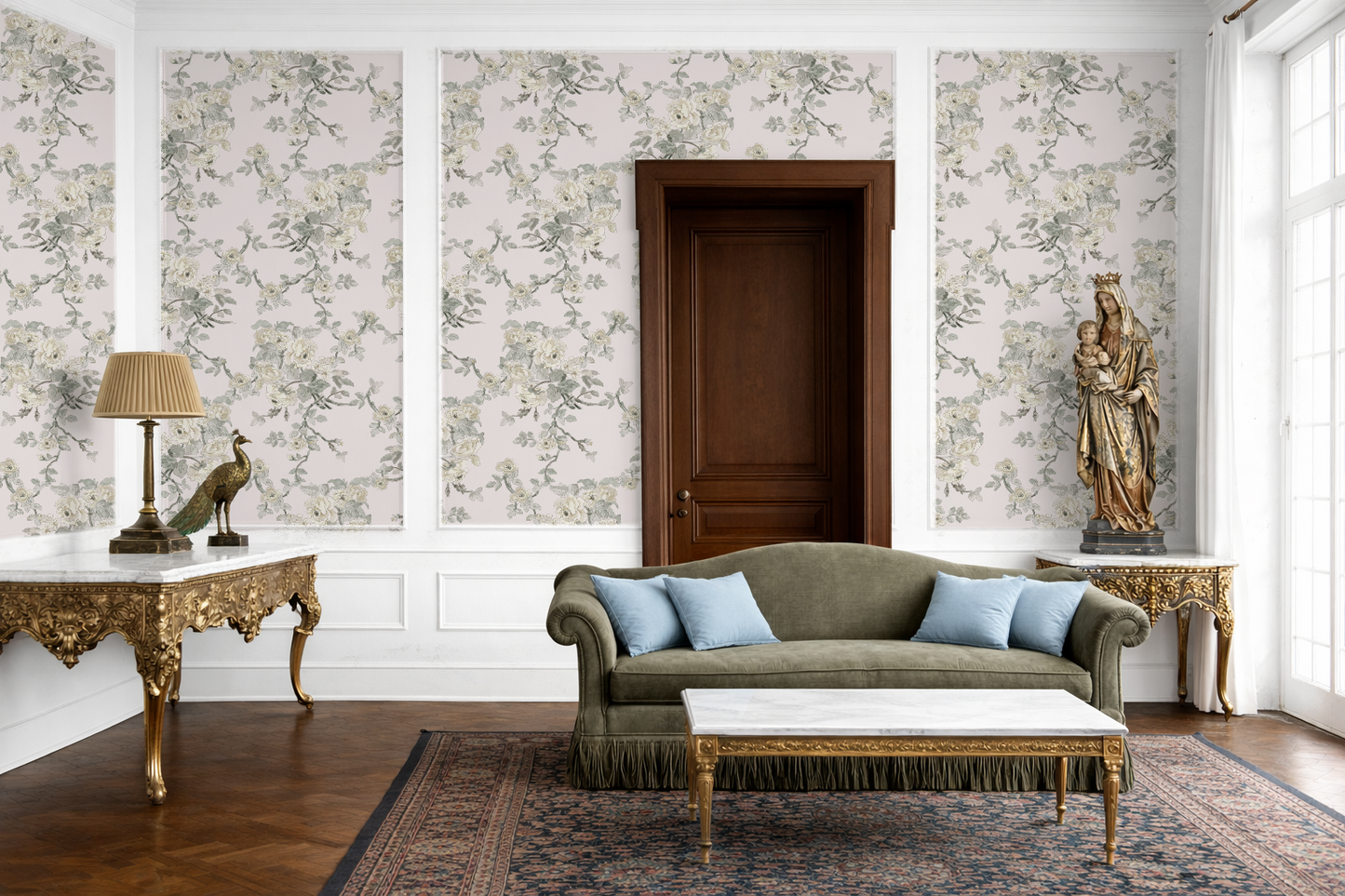 The Garden Room Wallpaper Weeping Floral Roses and vines– Blush & Sage Floral | Traditional Coastal Cottage Melissa Dayton Wallpaper