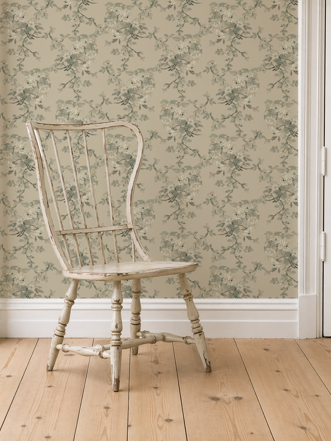 The Morning Room Weeping Wallpaper – Caramel & Cream Floral & Bird | Traditional Cottage Melissa Dayton Wallpaper windsor chair