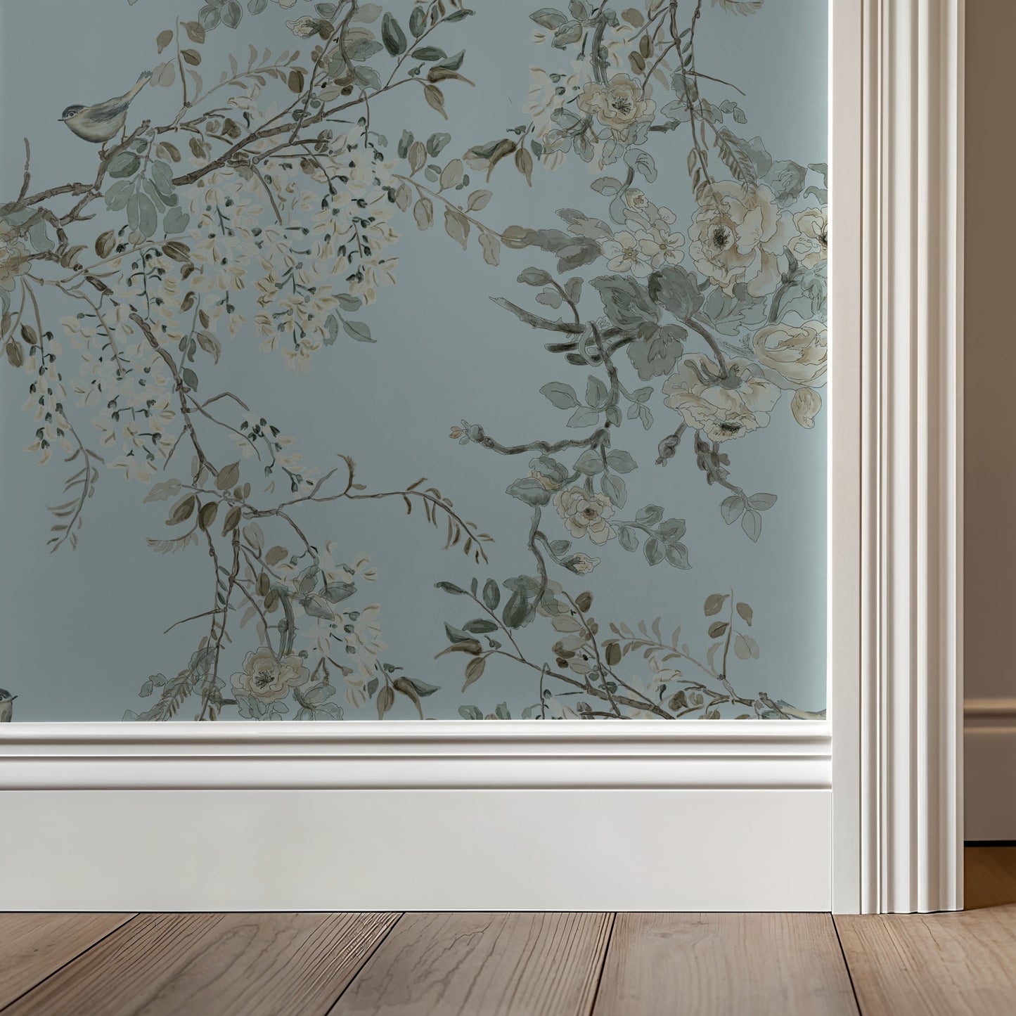close up of The Morning Room Weeping Wallpaper – Soft Sky Blue Floral & Bird | Traditional Cottage Melissa Dayton Wallpaper