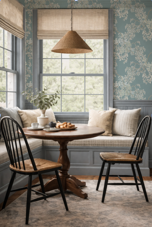 Nook with wooden table and chairs, floral wallpaper, and large windows.