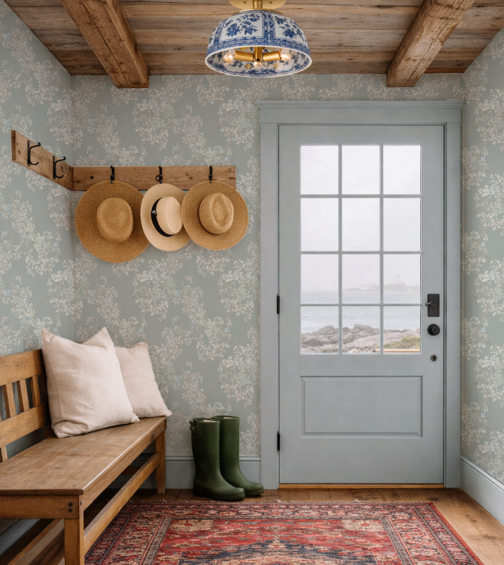 Foyer with wooden bench, floral wallpaper, and gray door