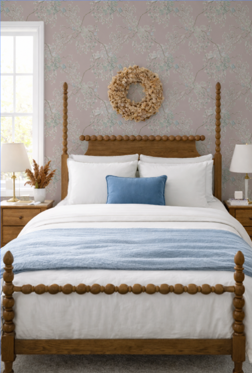 Wooden bed with white bedding and a blue throw blanket in a bedroom setting.