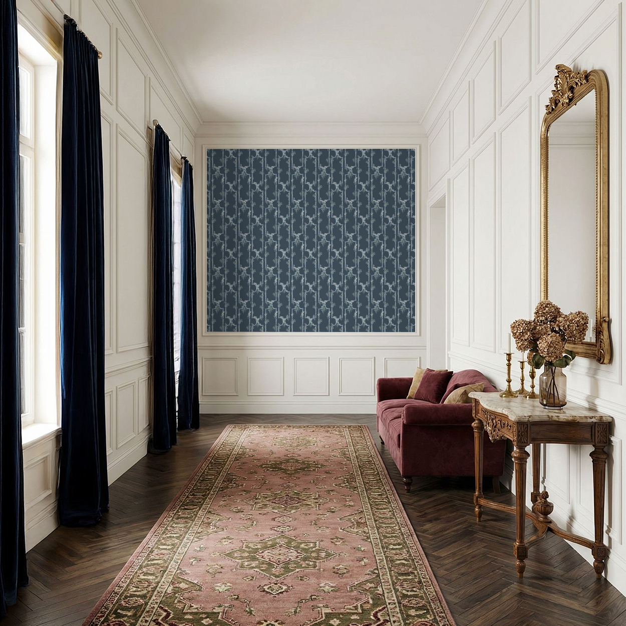 Blue bird and floral trellis wallpaper in elegant living room with vintage decor.