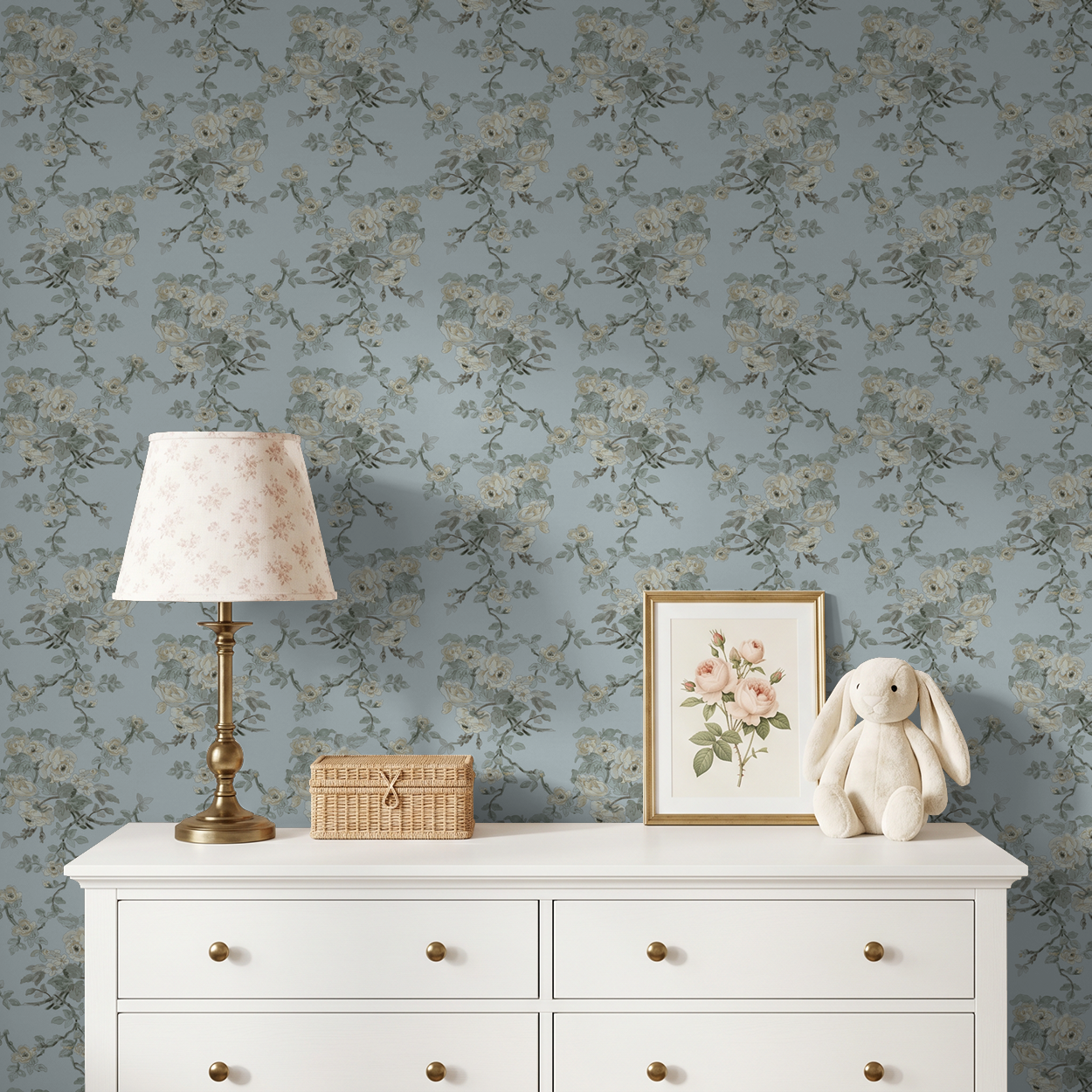 Blue and sage floral wallpaper with delicate vines and blooms on a soft background with a bunny