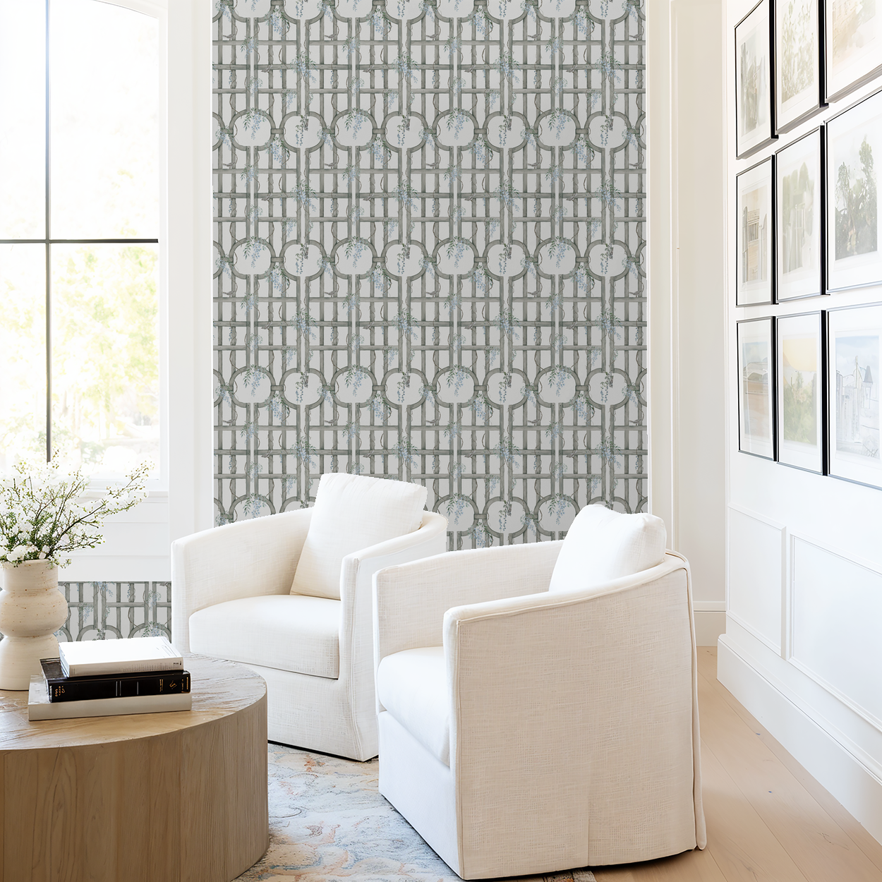Bluebird Trellis wallpaper with blue blossoms in modern living room setting.