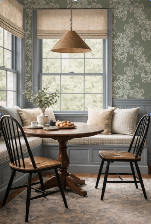 Nook with wooden table, chairs, and cushioned bench against floral wallpaper.