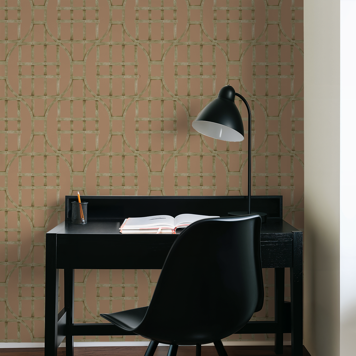 Burnt orange trellis wallpaper in a modern study with black desk and chair.
