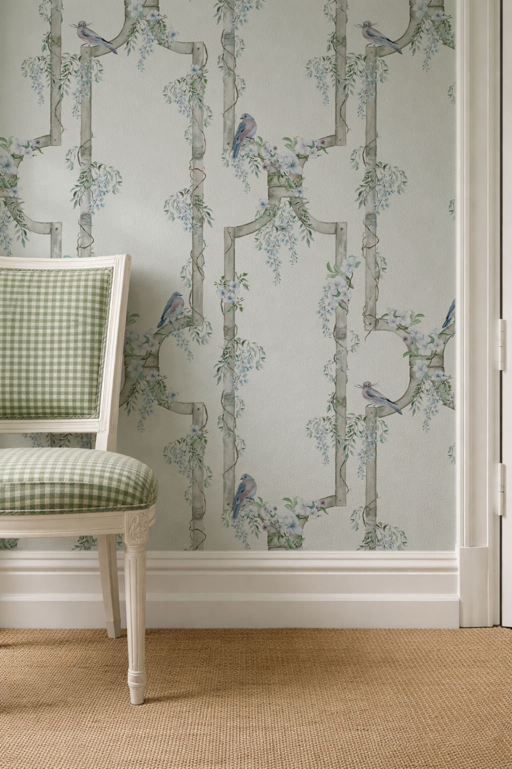 Wisteria Gate Blue Bird Trellis Avian Garden Wallpaper Cream