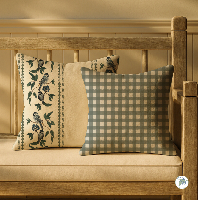Decorative pillows on a wooden bench with a neutral color palette