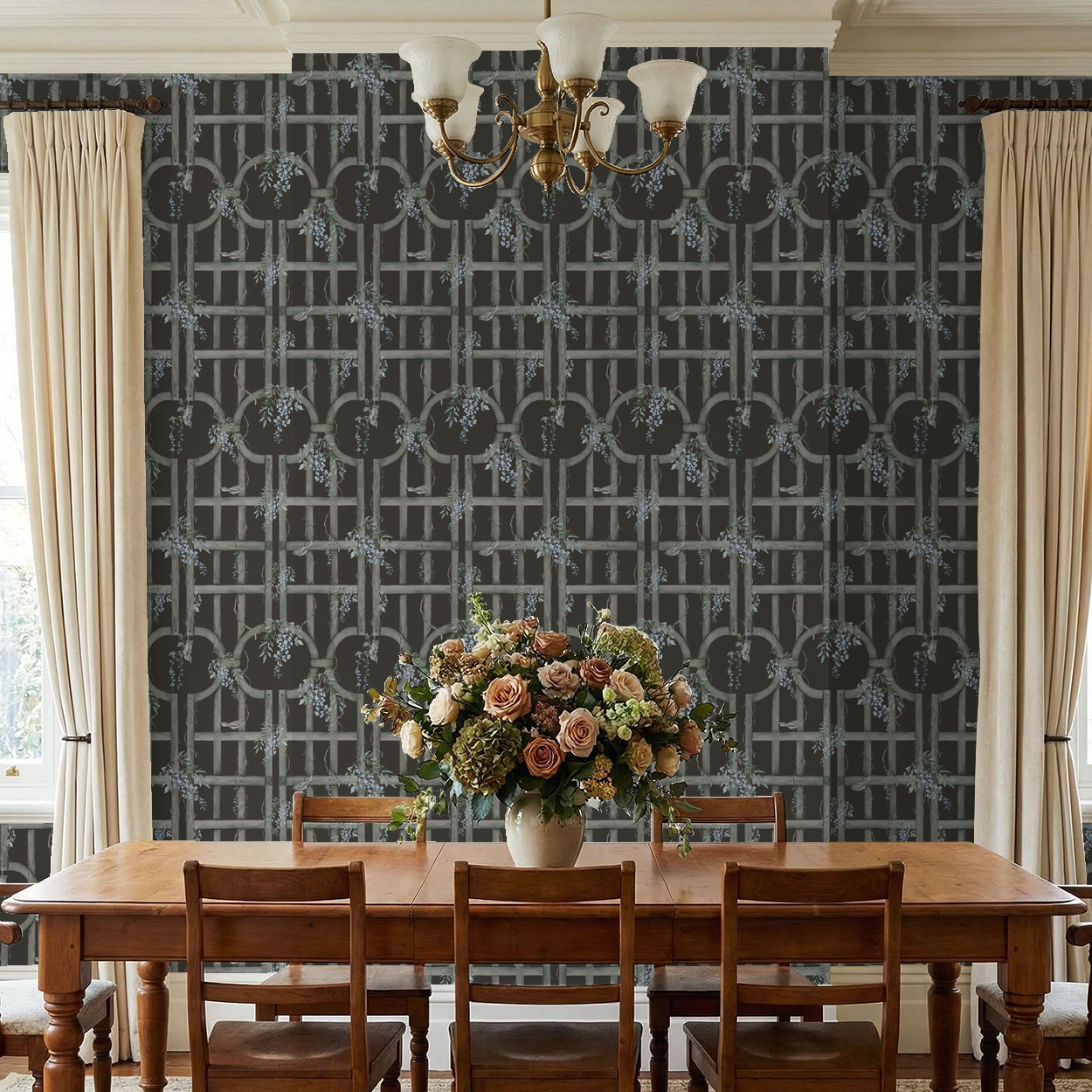 Chocolate trellis wallpaper with blue blossoms in elegant dining room.