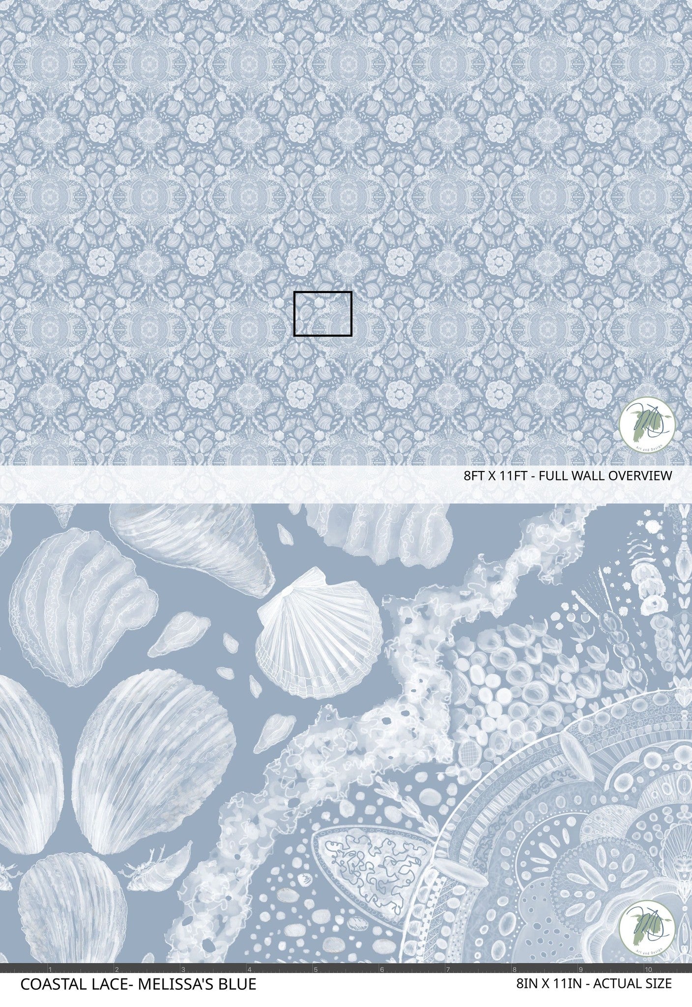 Intricate shell motifs on sky blue wallpaper evoke coastal serenity.