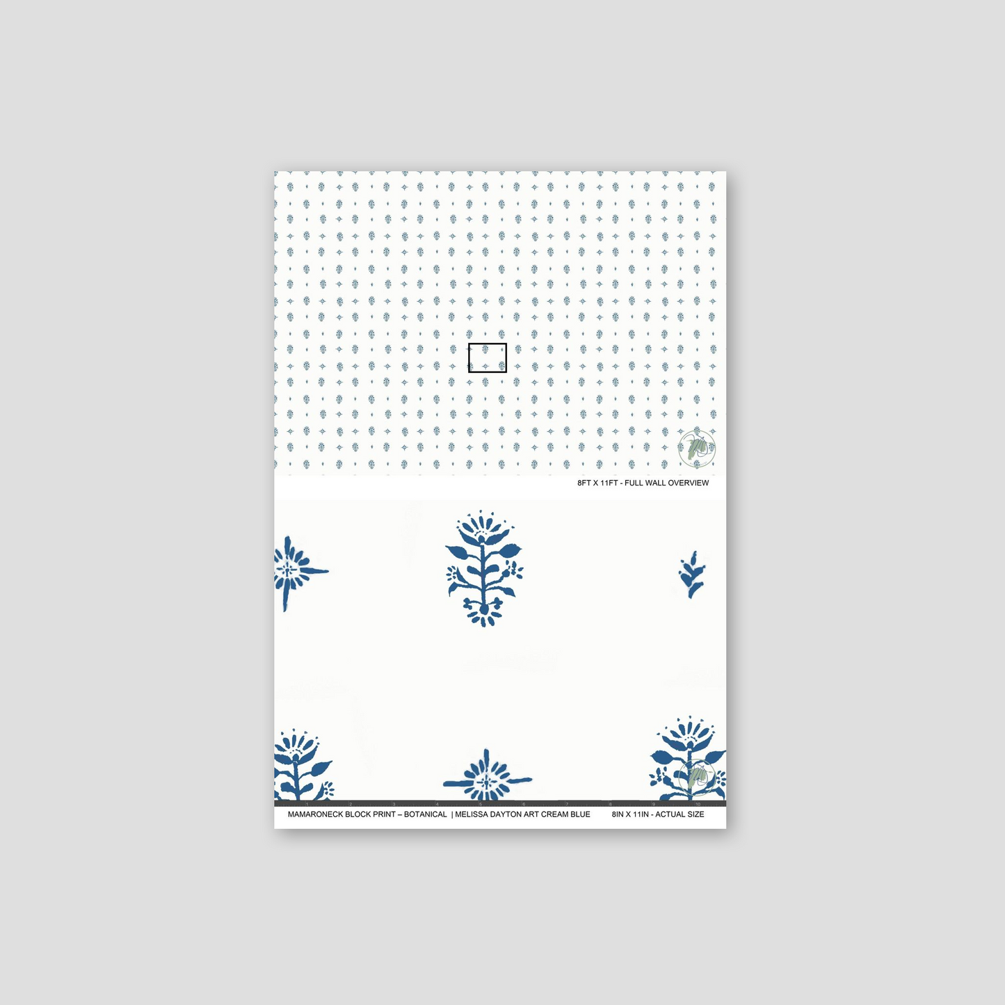 Cream and blue botanical block print wallpaper sample with floral design.