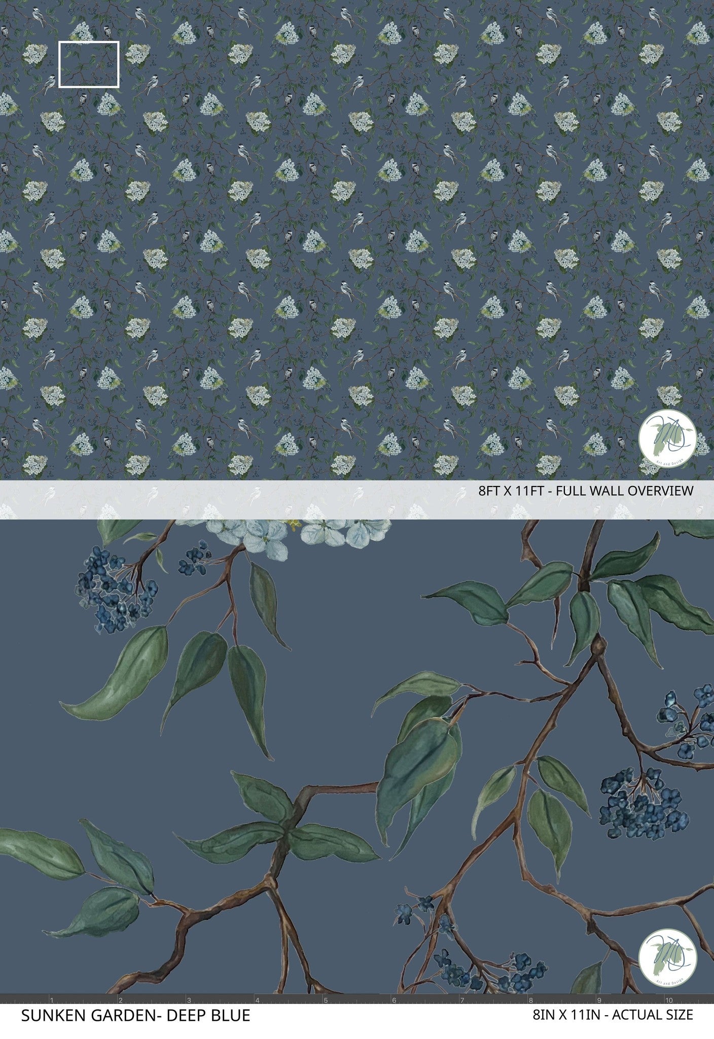 Deep blue wallpaper with delicate birds and lush floral pattern.