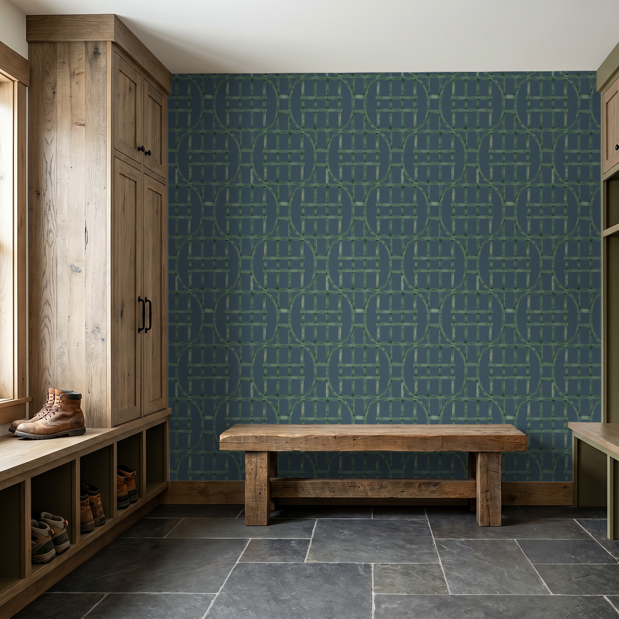 Deep blue trellis wallpaper with green lattice in rustic room setting.