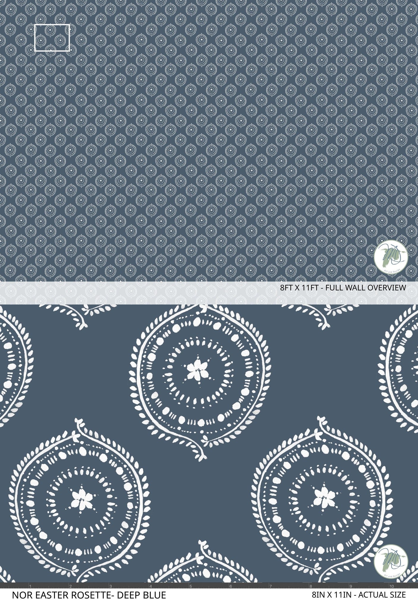 Deep blue wallpaper with intricate white rosette patterns, full wall and sample view.