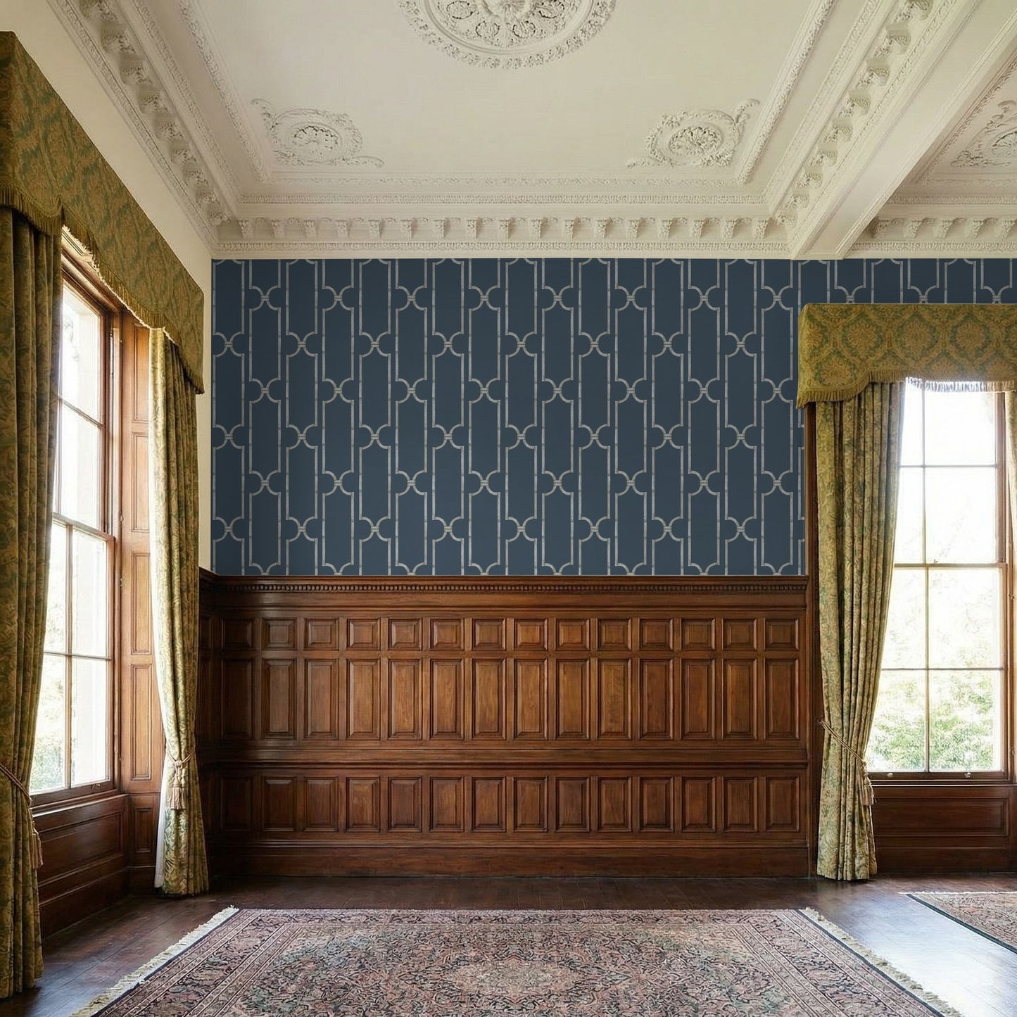 Deep blue trellis wallpaper in elegant room with wood paneling and ornate ceiling.