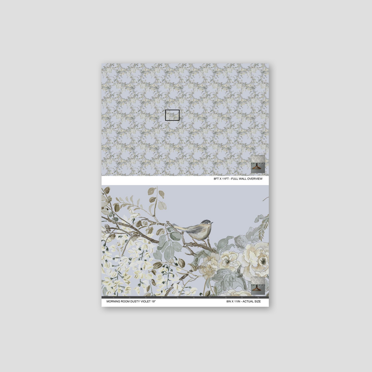 Floral and bird wallpaper in dusty violet with cream and sage hues.