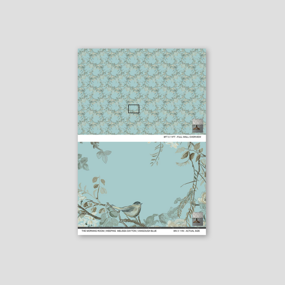 Elegant floral wallpaper with birds and branches on aqua background.