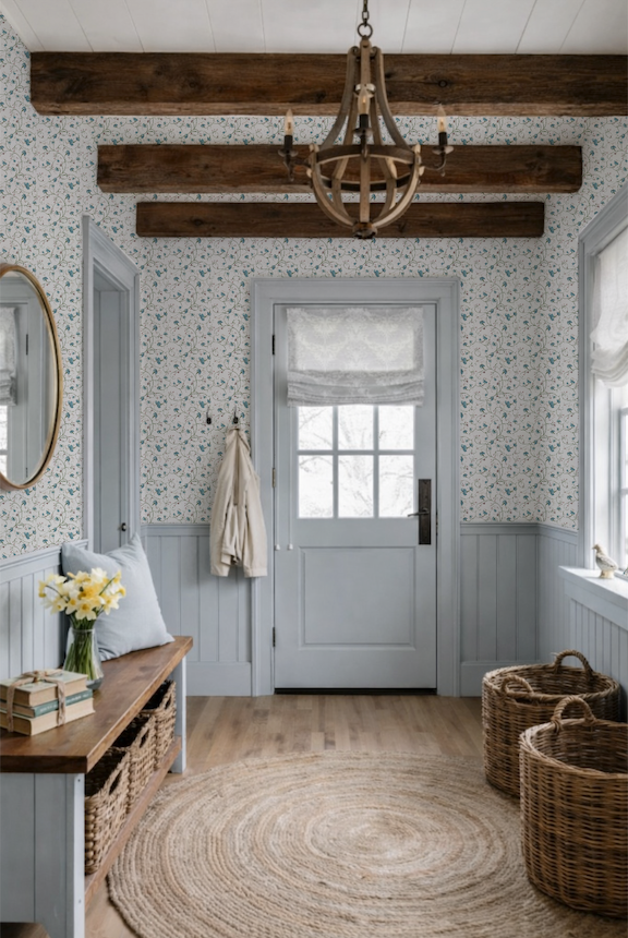 Nautical-themed interior with wooden beams, chandelier, and wicker baskets.