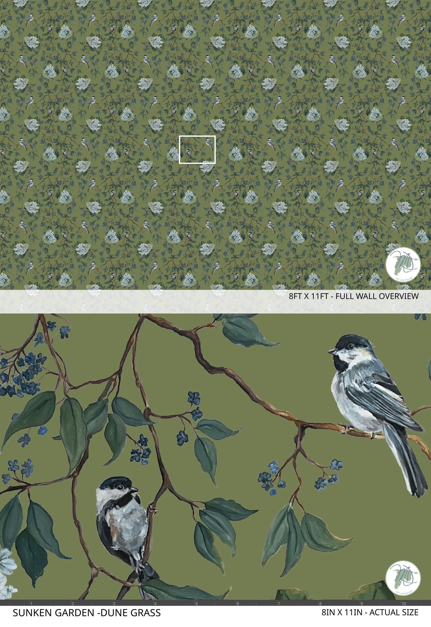 Green botanical wallpaper with birds and blossoms, nature-inspired design.