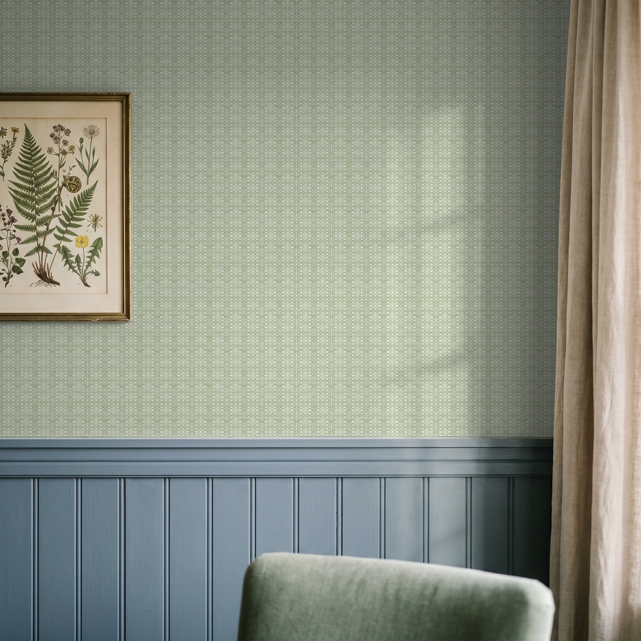 Green lattice pattern wallpaper in a serene living room with botanical art and blue wainscoting.