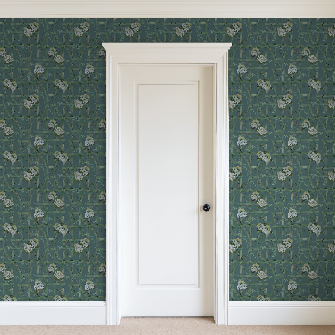 Elegant green trellis wallpaper with hydrangeas in a classic room setting.