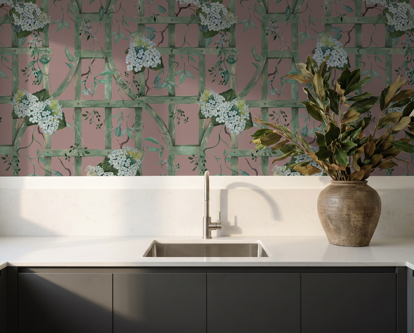 Hydrangea floral wallpaper with green trellis on deep rose in modern kitchen setting.