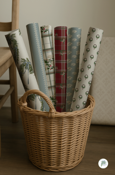 Basket filled with rolls of patterned paper on a wooden surface.