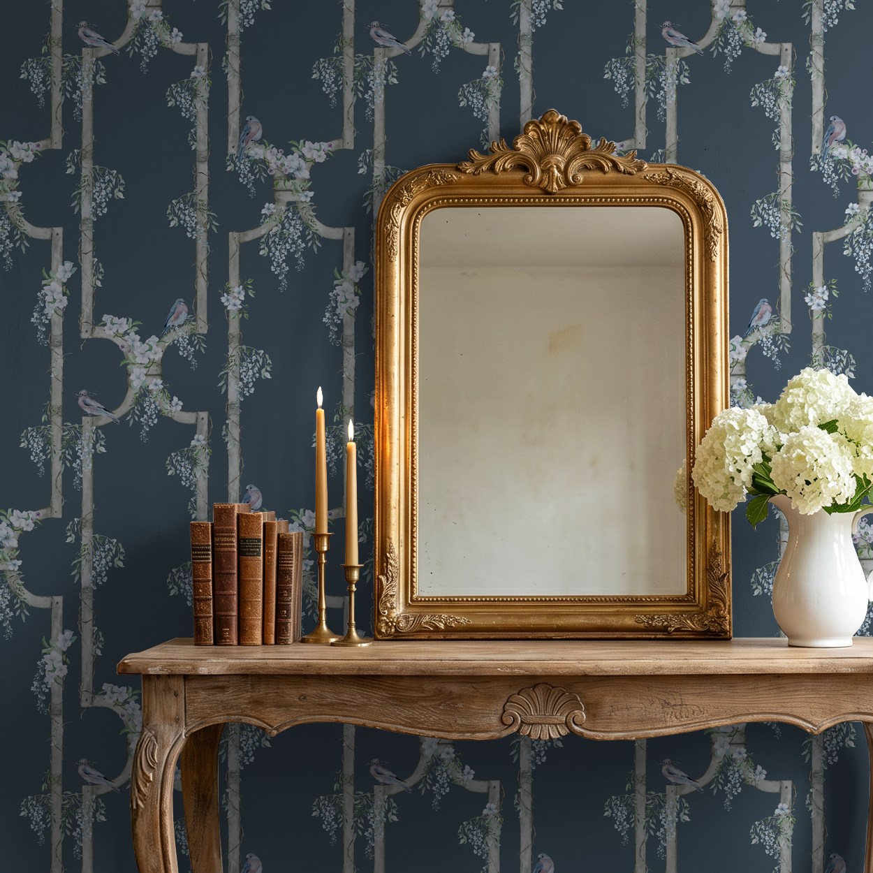 Navy wallpaper with floral trellis and birds in elegant room setting.