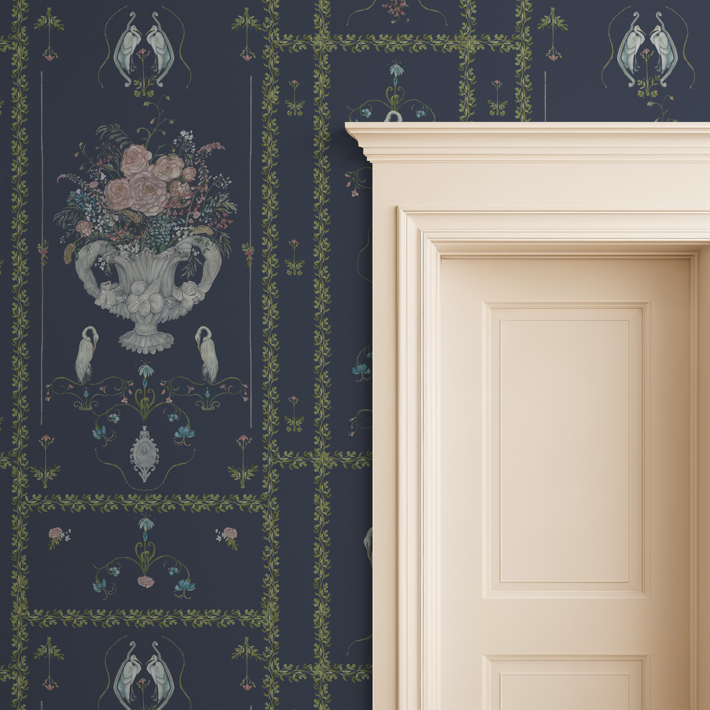 Navy wallpaper with floral urn motifs and swans in an elegant room setting.