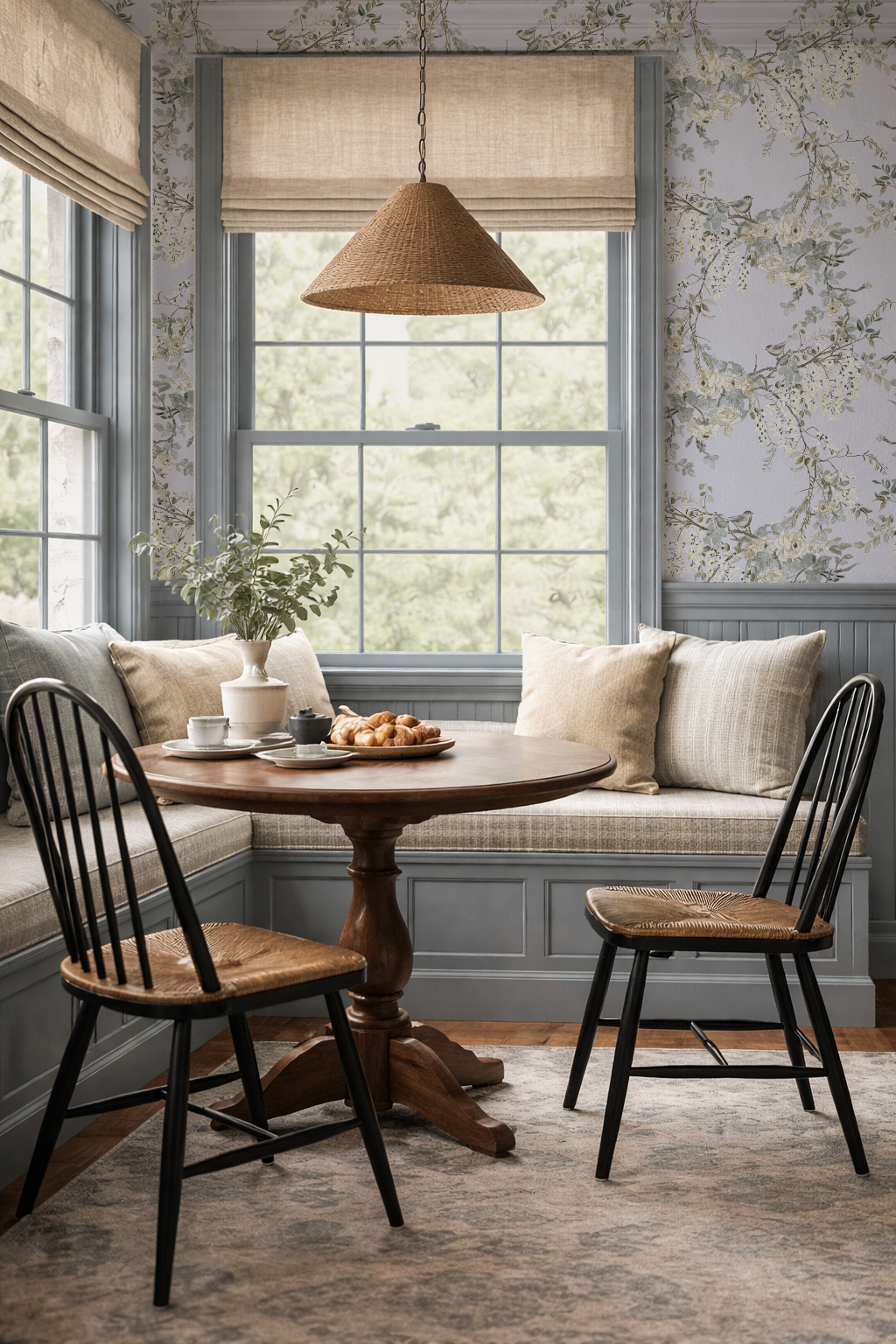 Nook with wooden table and chairs, cushioned bench, and floral wallpaper.