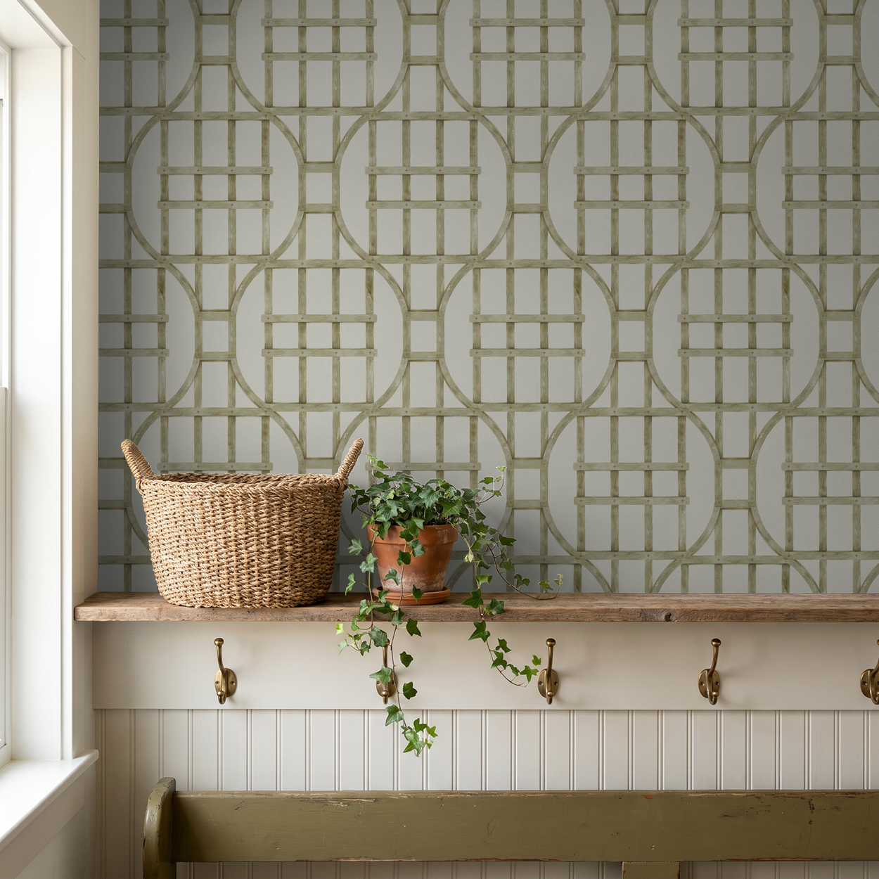Olive green trellis wallpaper in rustic room with basket and plant