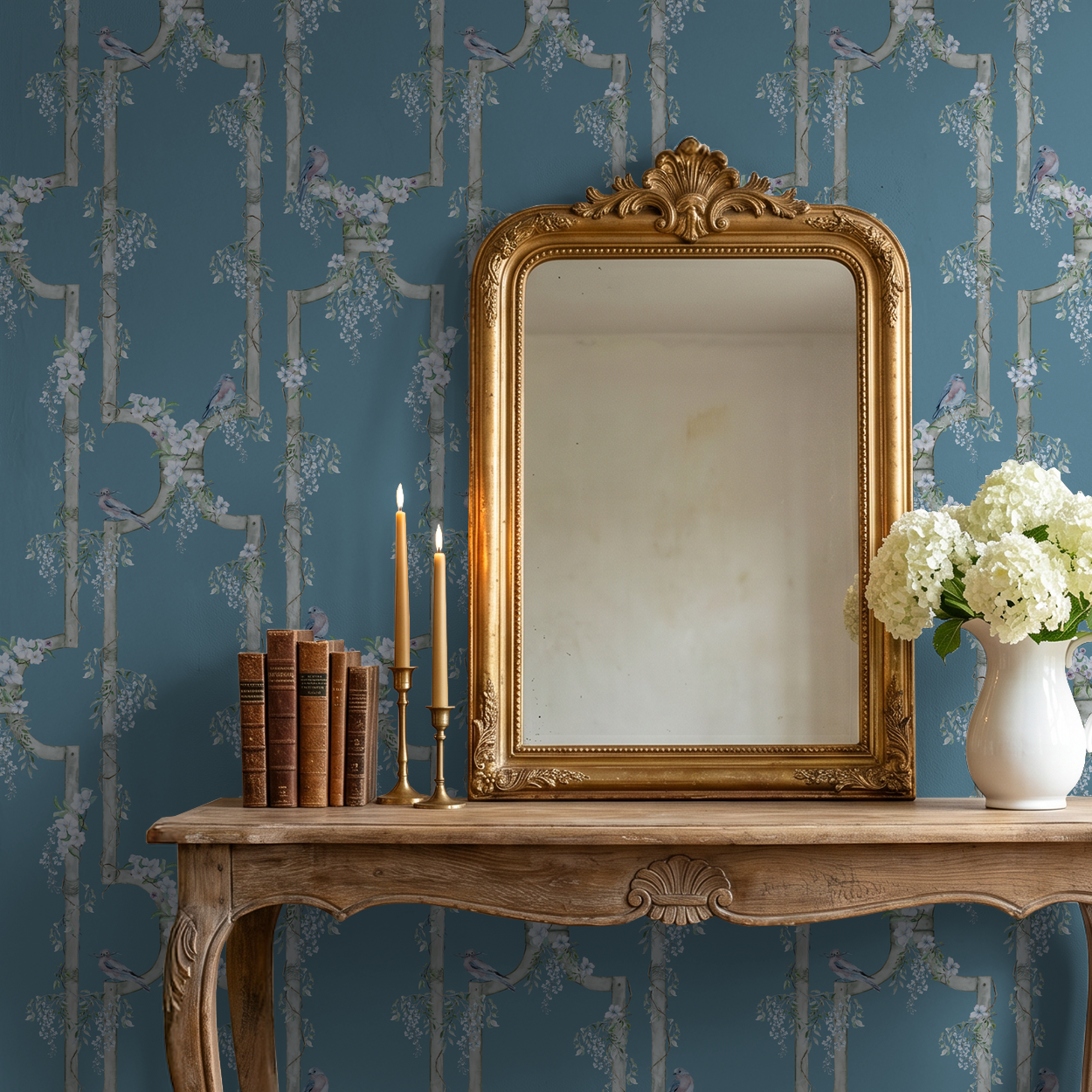 Peacock teal blue wallpaper with birds and trellis pattern in elegant room setting.
