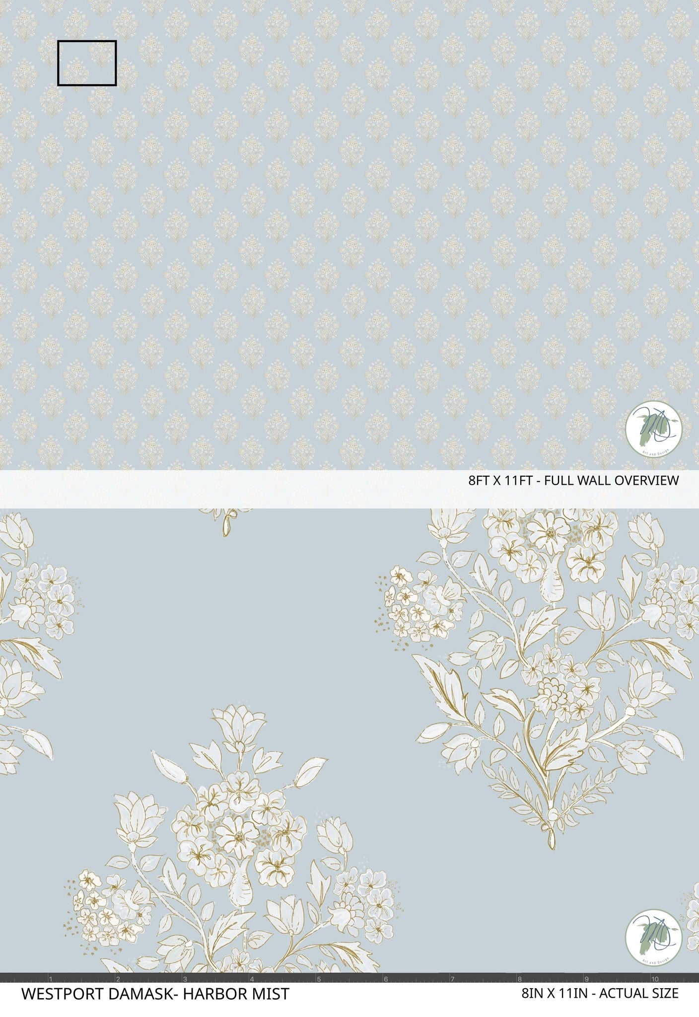 Sky-blue damask wallpaper with delicate floral motifs, elegant and serene.