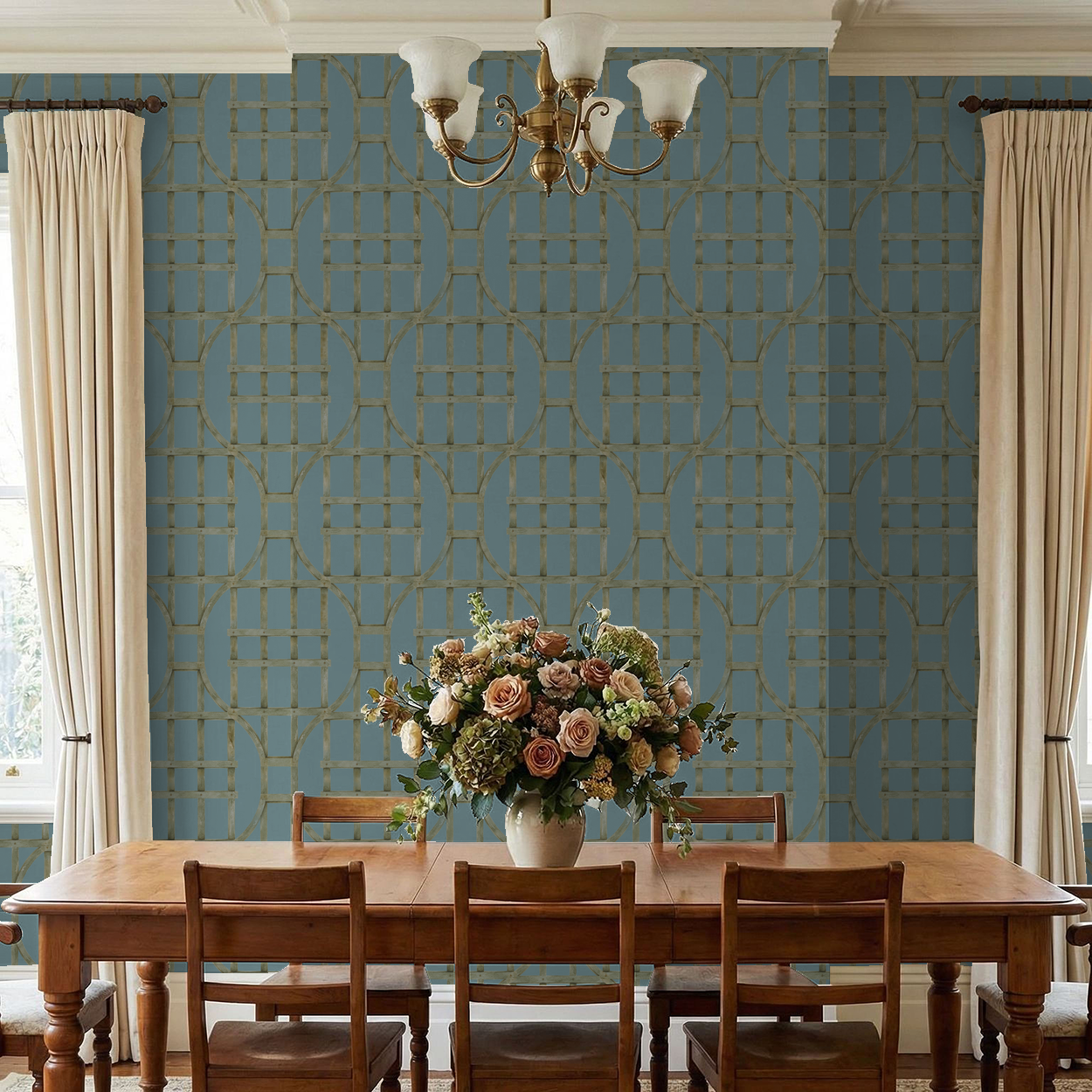 Teal trellis patterned wallpaper in elegant dining room with floral centerpiece