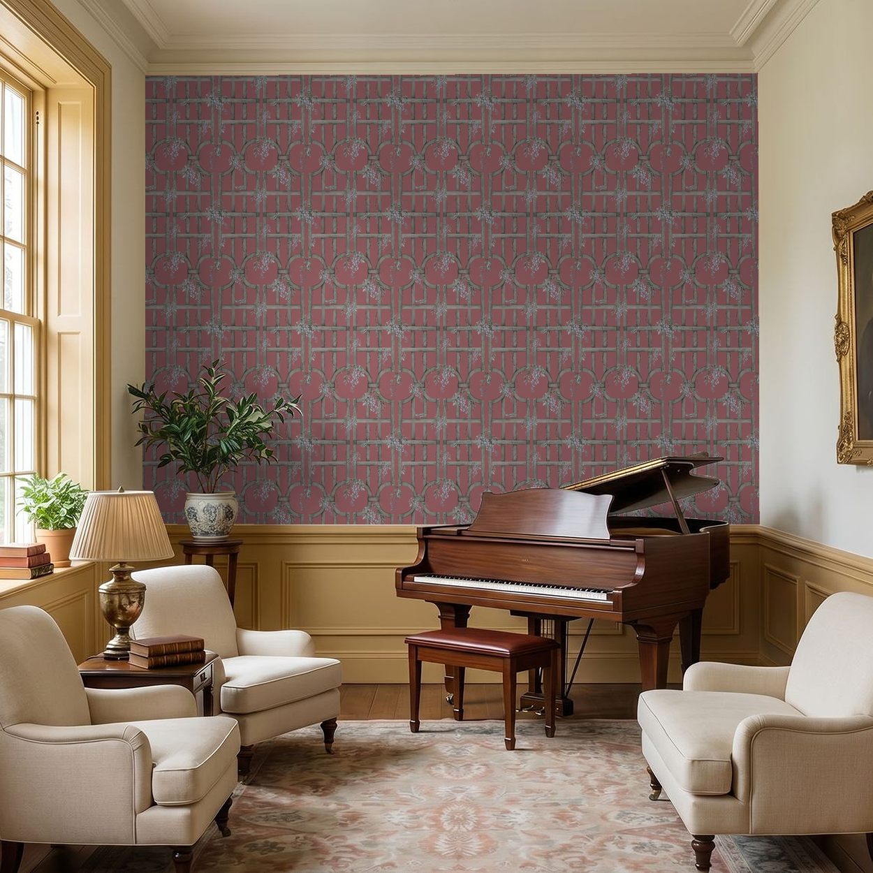 Elegant living room with terracotta trellis wallpaper and grand piano.