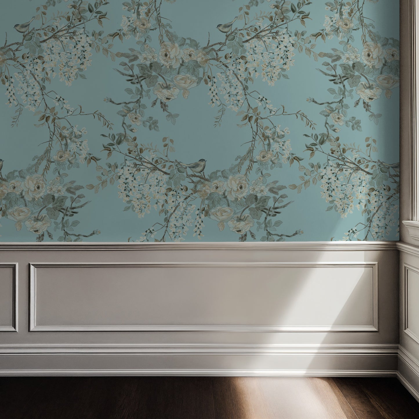 Vintage blue wallpaper with floral and bird motifs in elegant room setting.