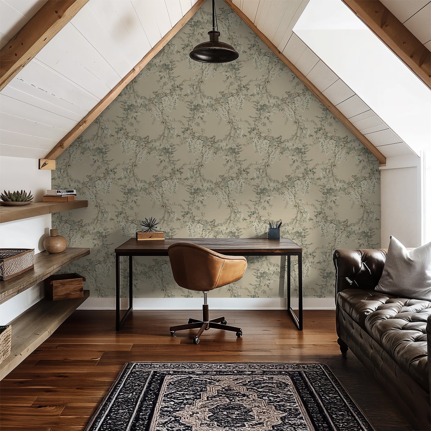 Vintage floral wallpaper with vines in cozy attic home office.