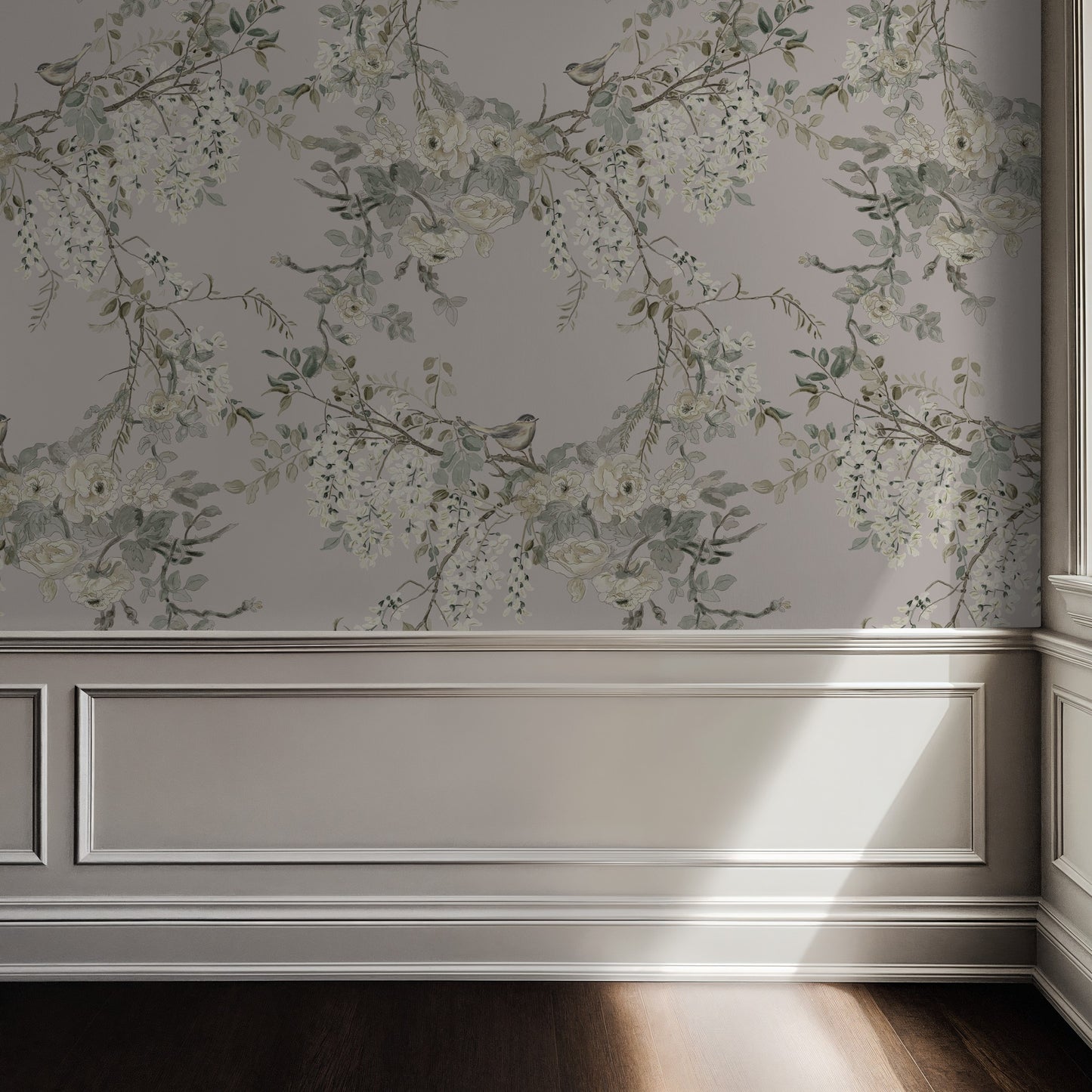 Vintage rose and bird floral wallpaper in elegant room setting