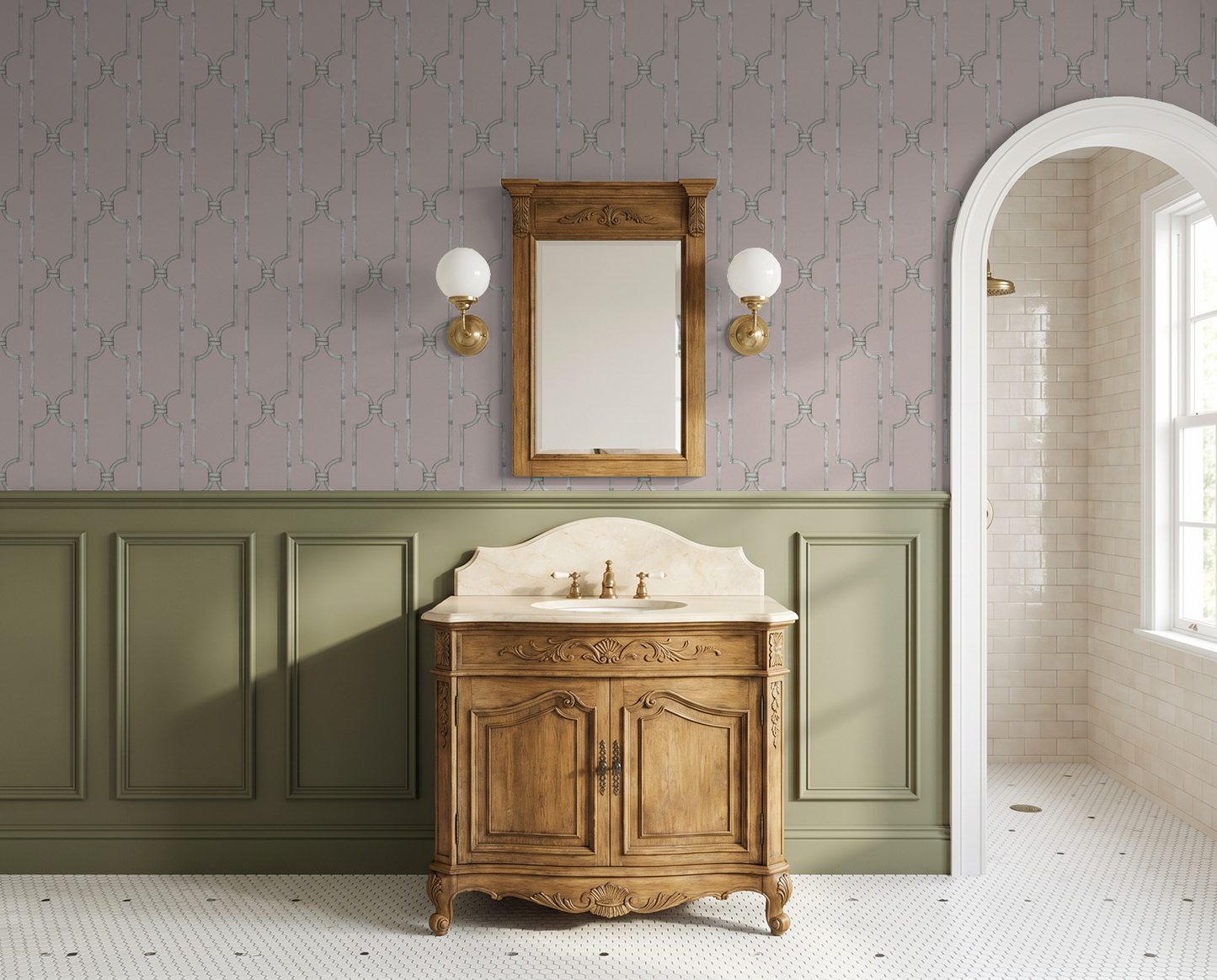Vintage rose trellis wallpaper with wood vanity in elegant bathroom setting.