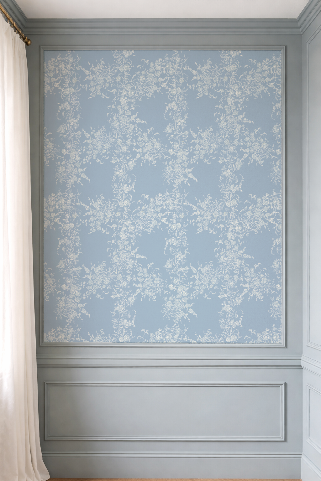 Sun Room Wallpaper | Climbing Floral Vine | Blue Monochrome | Melissa Dayton Wallpaper
