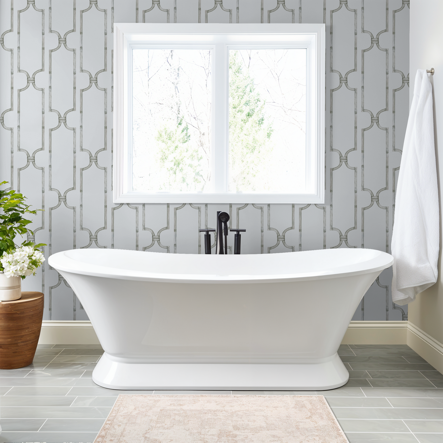 Elegant trellis wallpaper in muted blues and browns in a modern bathroom.