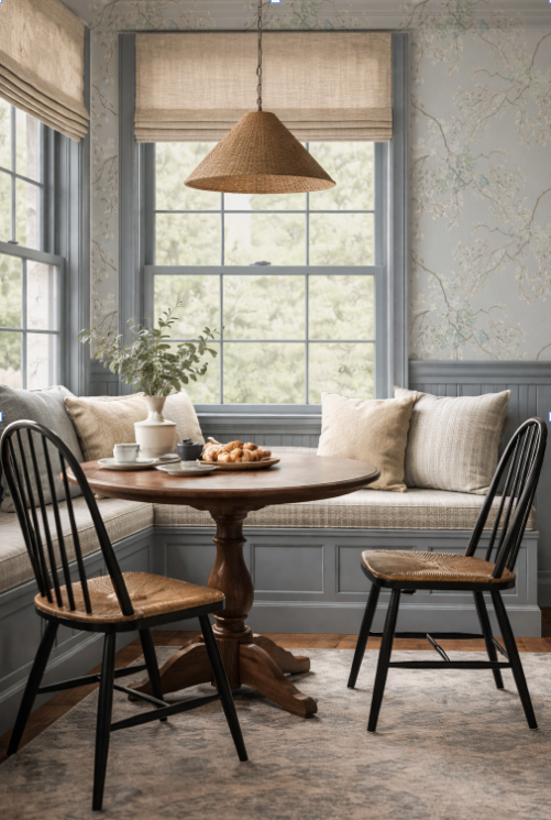 Nook with wooden table and chairs, cushioned bench, and large window.
